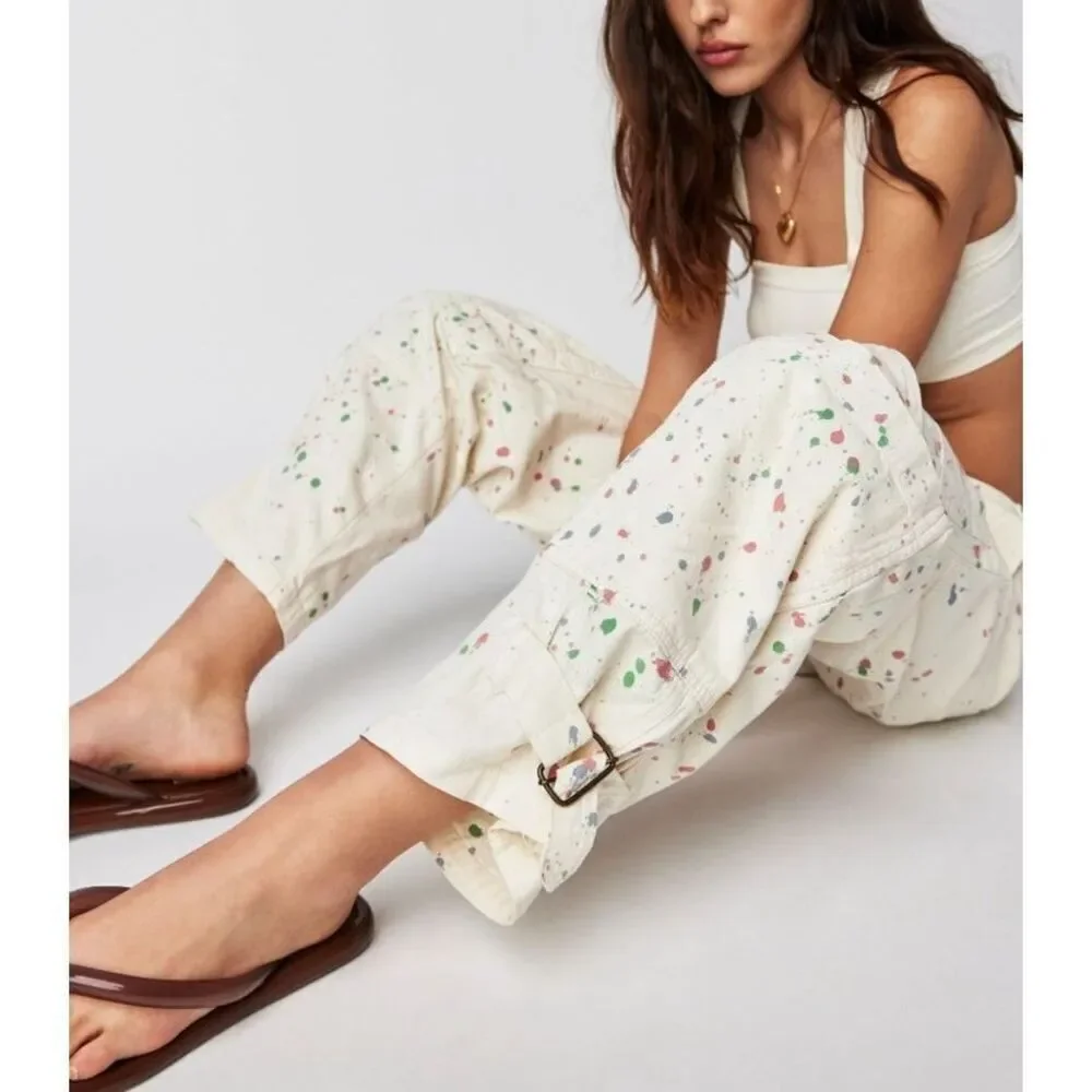 Free People Painter Pants in Ecry Utility Paint Splatter  US 0 NEW